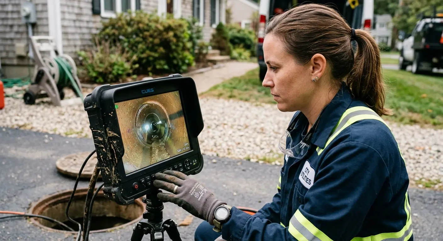 Technician reviewing sewer camera inspection footage in Ensley