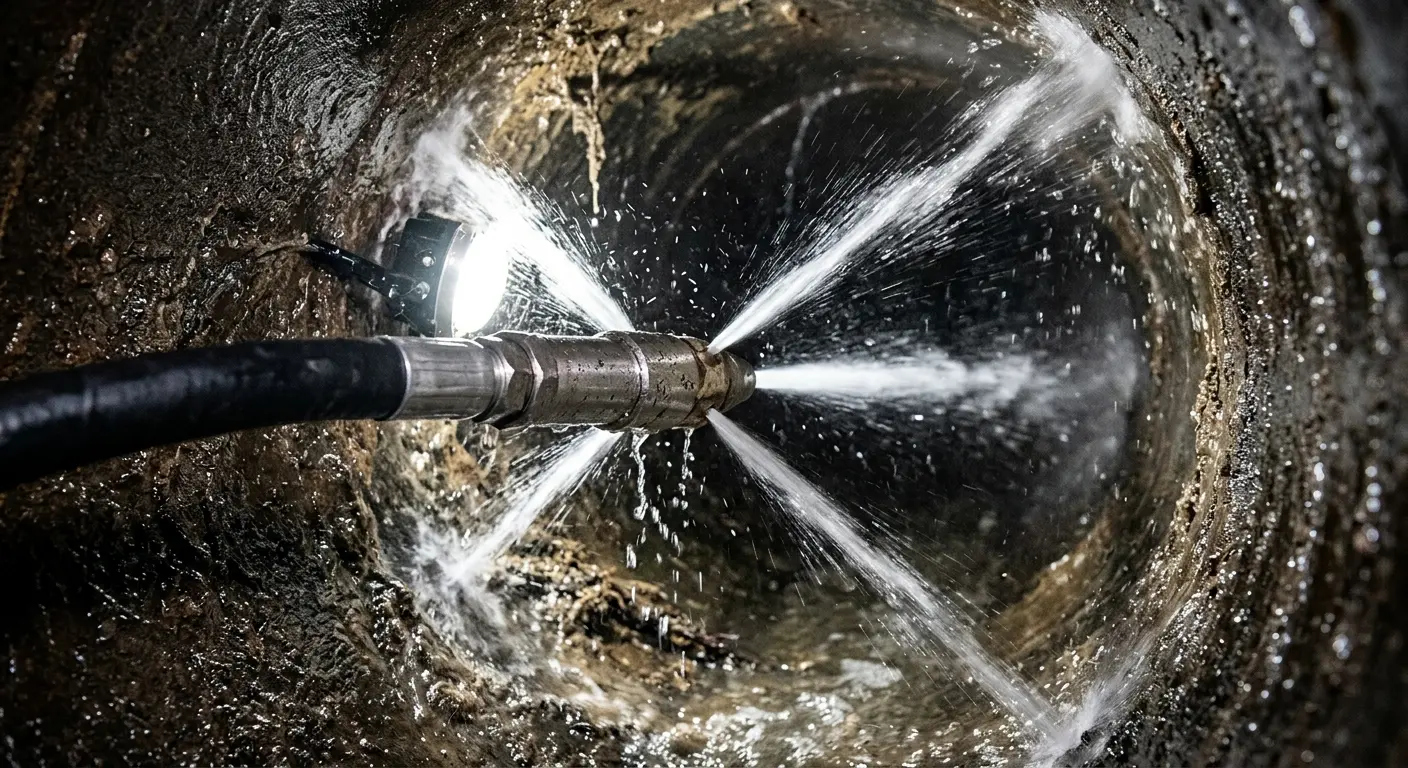 High-pressure hydro jetting nozzle cleaning sewer pipe for Emergency Drain Service in Ensley