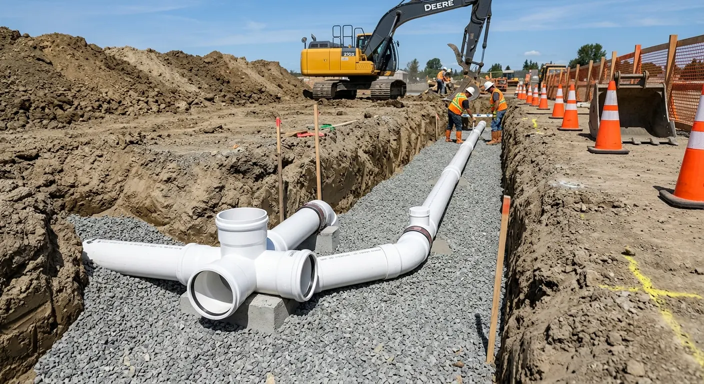 New PVC sewer pipe installation in open trench for Sewer Backup in Ensley