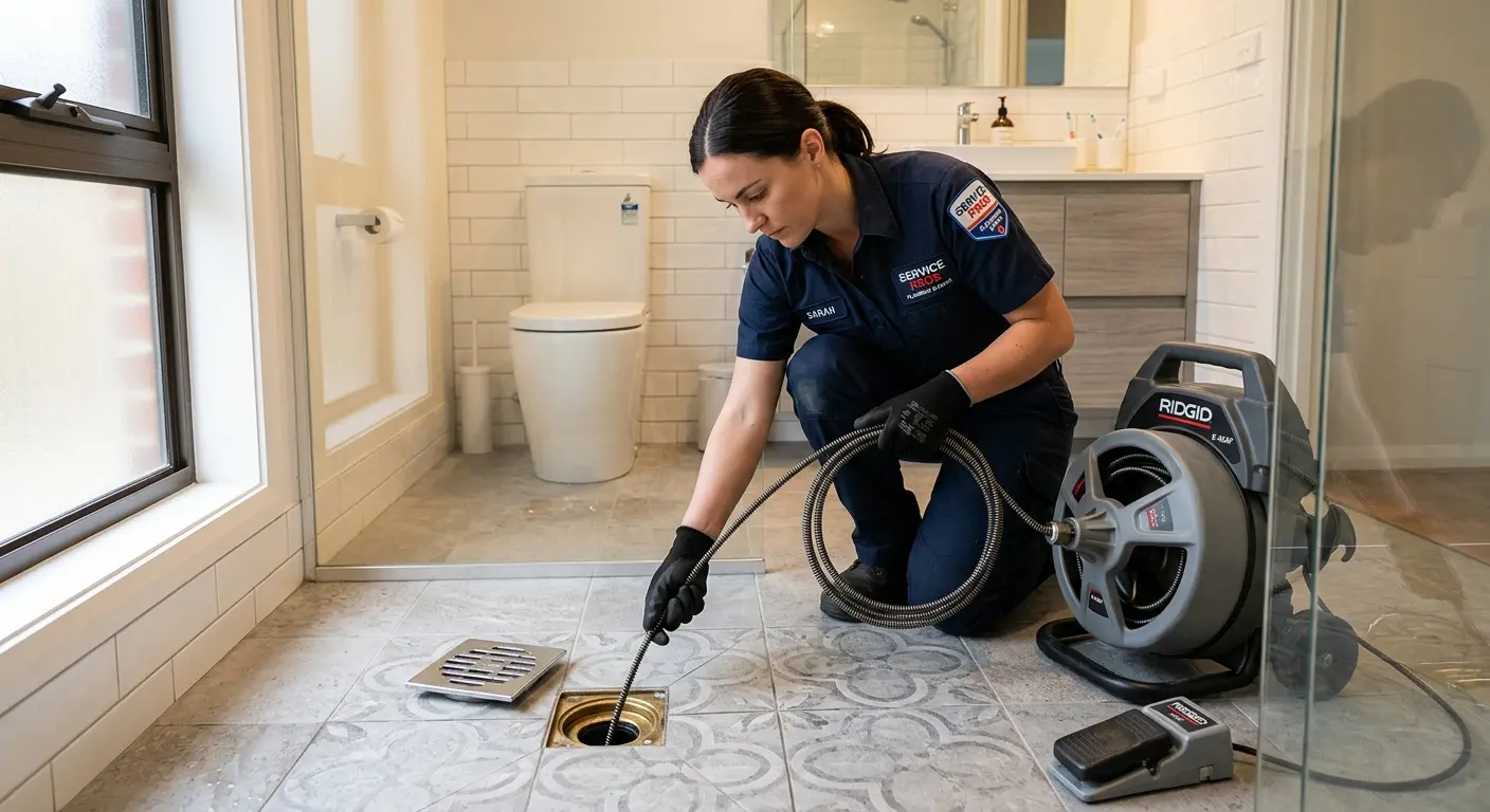 Technician clearing a bathroom floor drain for Hydro Jetting in Ensley